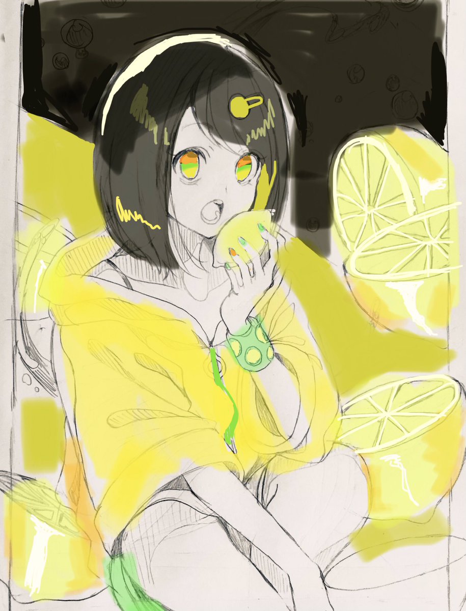 yellow
メイキング
🍋💚🍋💚🍋

ラフ→色ラフ→線画→完成❗️

#ラフから線画と着色後と完成までを見せる
#メイキング
#作画工程
#レモン 