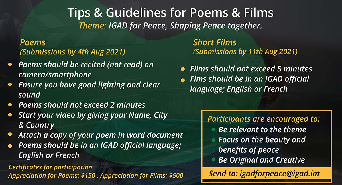 IGADsecretariat's tweet photo. As part of our #IGADForPeace Campaign, we are calling for Poems & Short Films to bring out the benefits & beauty of Peace
Share original #IGADPeacePoems,
Share original #IGADPeaceFilms
Submit Poems by Aug 4,
Short Films by Aug 11
to igadforpeace@igad.int https://t.co/EN3GXMvgr9