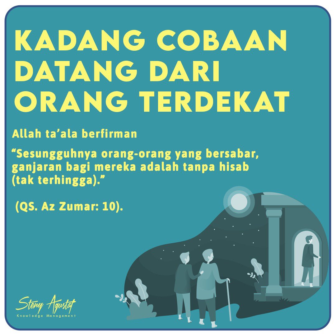 St_agustaf's tweet photo. Bismillah

Teman2 yg dirahmati Allah Subhanahuwata’ala 

Sadar enggak, kadang ujian datang dari orang2 yg deket sama hidup kita atau yg kita cintai.

Ada aja tuh mungkin yg bikin kesel, yg ngeyel, yg ngecewain, yg nyakitin, yg ngomongin kita di belakang dan ujian2 lain

Setuju? https://t.co/kijmkIgiU0