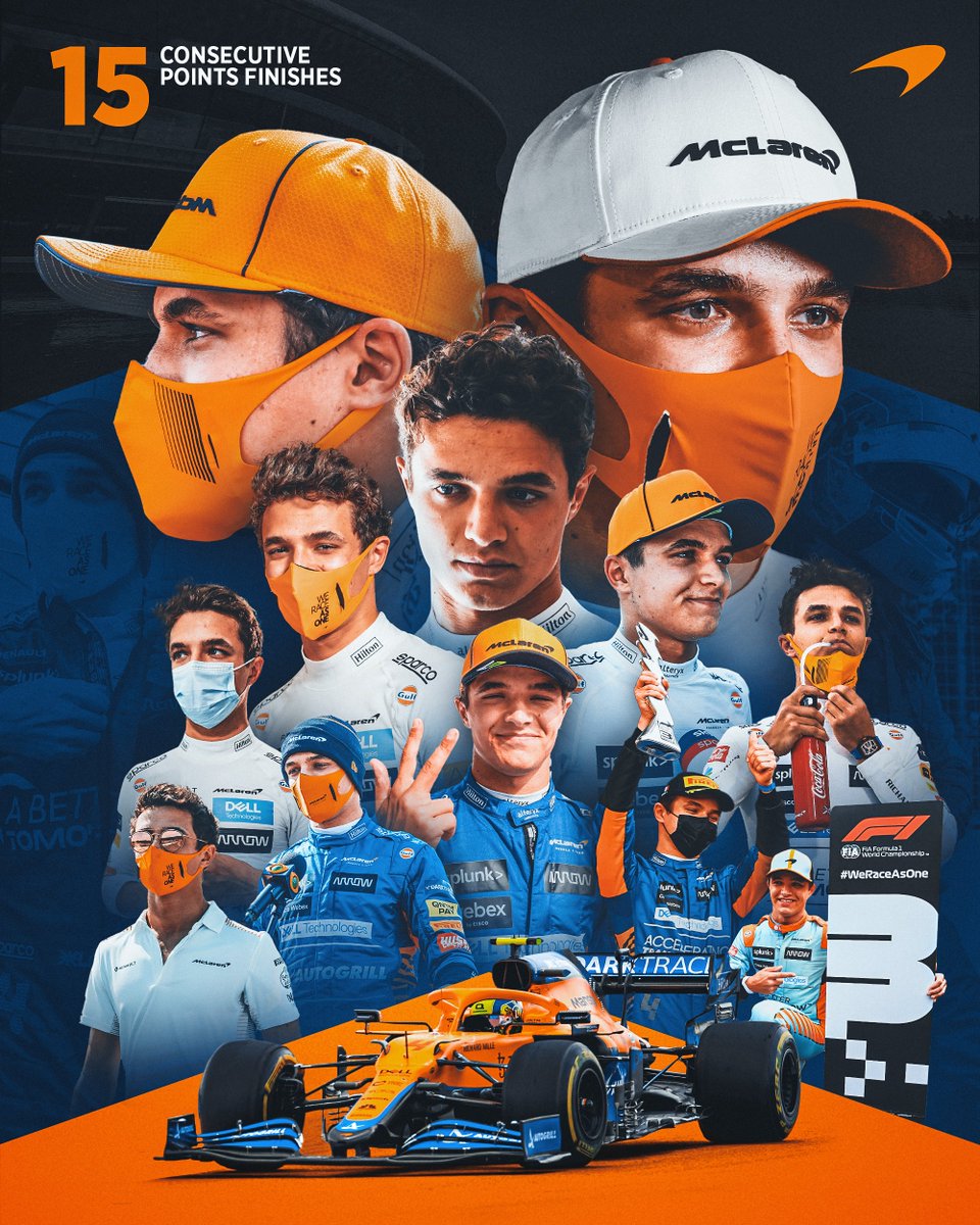 McLarenF1's tweet photo. 1️⃣5️⃣ consecutive @F1 points finishes for @LandoNorris, more than any McLaren driver in history! 🙌📈 https://t.co/VcBk2tfWhE