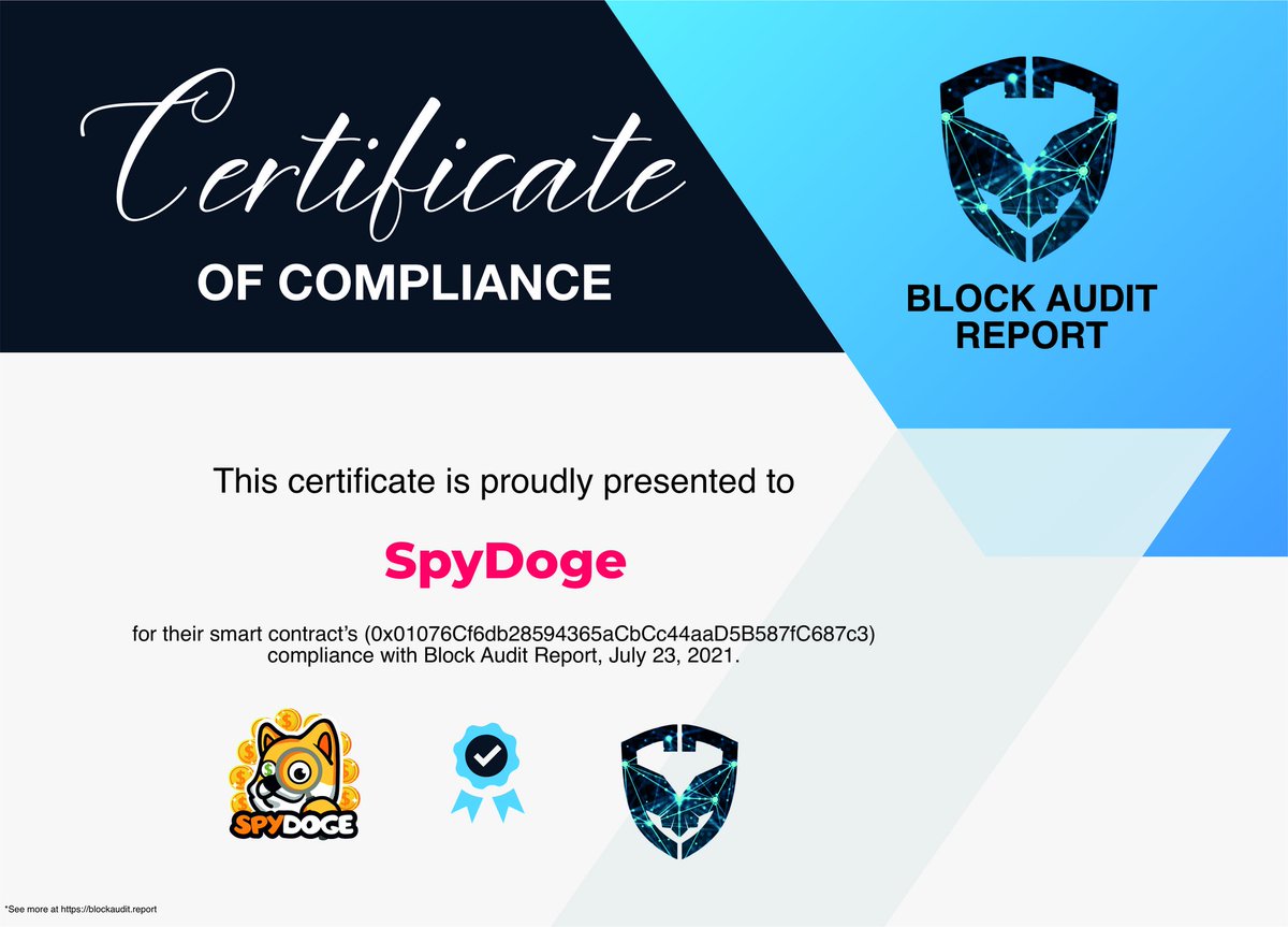 BlockAudit (@blockaudit) on Twitter photo Hey Folks!
Let's have a look to our latest <a href="/BlockAudit/">BlockAudit</a> for @SpyDogecoin . Its here to kill the scams. It is the risk analyzer to remove the rugs
π₯100% verified codes
π 9% buy while 13% sell tax
t.me/SpyDogeCoin
#BSC #BinanceSmartChain Hey Folks!
Let's have a look to our latest <a href="/BlockAudit/">BlockAudit</a> for @SpyDogecoin . Its here to kill the scams. It is the risk analyzer to remove the rugs
π₯100% verified codes
π 9% buy while 13% sell tax
t.me/SpyDogeCoin
#BSC #BinanceSmartChain
