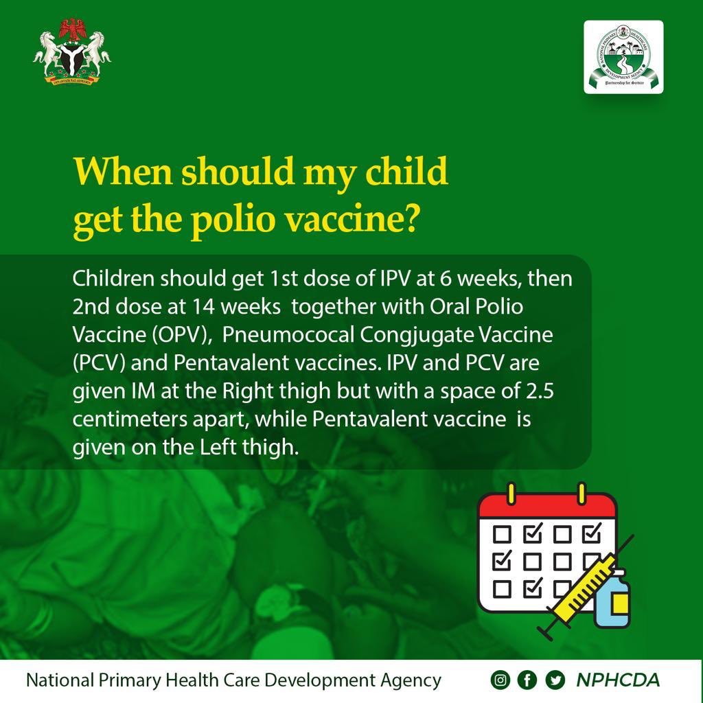 KpoPosition's tweet image. When should my child get the polio vaccine?
Children should get 2 doses of IPV at 6 weeks &amp;amp; 14 weeks, together with PCV &amp;amp; Pentavalent 3 vaccines. IPV and PCV are given on the same thigh but with a space of 2 centimeters apart, while Pentavalent 3 is given on the other thigh #IPV2