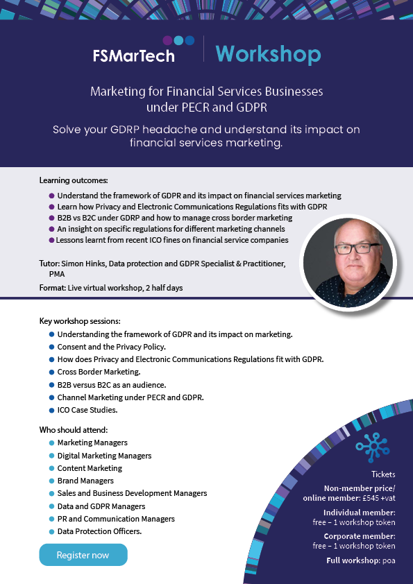 FsMartech's tweet photo. We have teamed up with @MrPMA4 to support financial service marketers with GDPR. The workshop will give you a thorough understanding of GDPR and PERCs and their impact on what you can do and how. Book your place: https://t.co/TveyM7WvQa #GDPR #PECR #Marketing #DataPrivacy https://t.co/w1ZjluNiTD