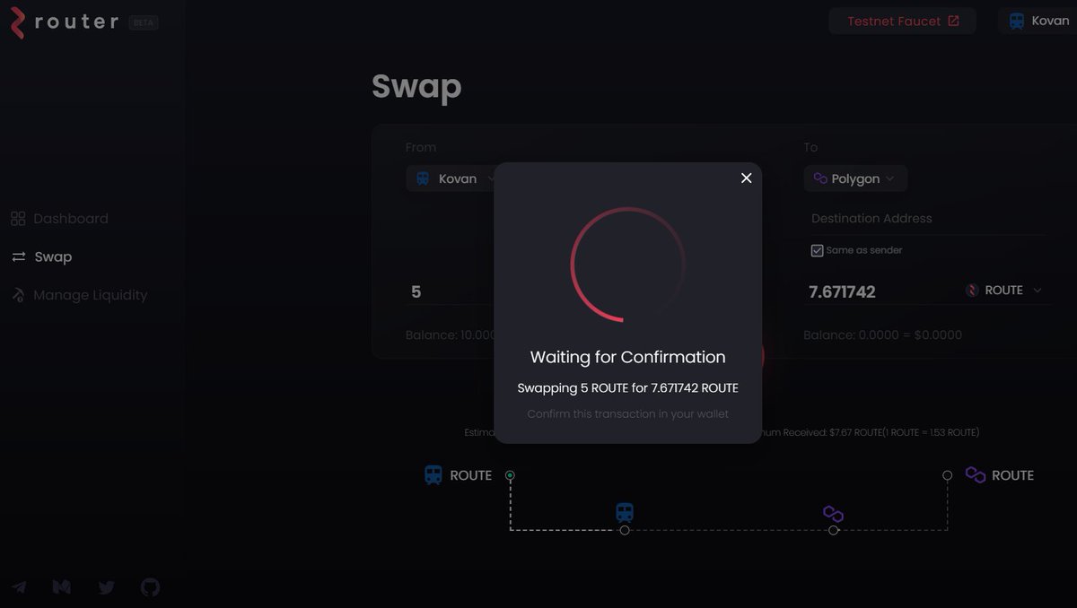 TheScarceBoy's tweet photo. Testing the Crosschain (XCLP) Testnet.
This is special ๐ฅฐ
$ROUTE @routerprotocol
#RouterProtocol #Testnet #Crosschain #XCLP #AMM #Blockchain https://t.co/3zGAA7MkT1