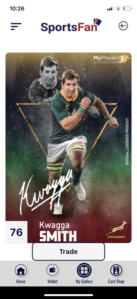 quichekish's tweet photo. Very excited to see my first #Springbok autographed #SportsFan card appear on my app! Nicely done @SmithKwagga #Springboks #LionsTour get yours via the app and trade https://t.co/Xu0fcKOxSH #GoBokke #SignatureMoves https://t.co/Mga6rRN4YN