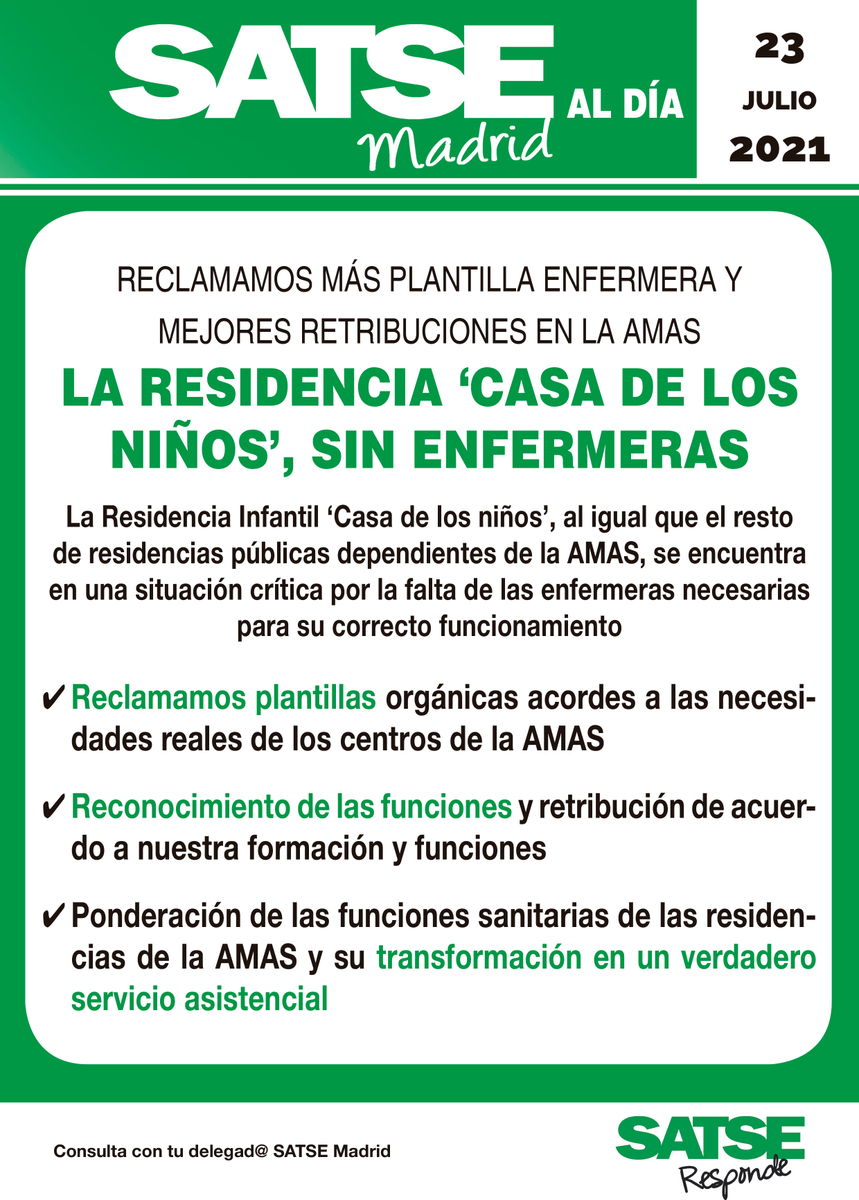 🟢<a href="/ComunidadMadrid/">Comunidad de Madrid</a> ha abandonado la Residencia Infantil ‘Casa de los Niños’
No cuenta con #enfermeras/os suficientes para atender a los niños/as acogidos (0 a 6 años con patologías complejas).
<a href="/ConchaDancausa/">Concha Dancausa</a> no podemos dejar desamparados a los pequeños 😢
bit.ly/2UwMzy3