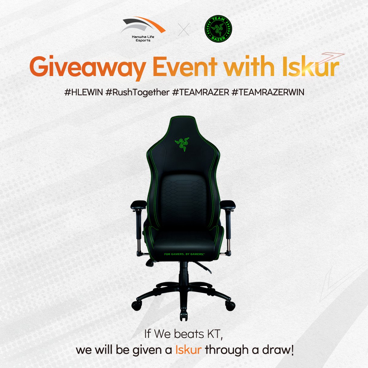 HLEofficial's tweet photo. 🎁#Giveaway Event with Iskur🎁

✔️How to participate
1. Follow @HLEOfficial account
2. Retweet this post
3.Write #HLEWIN, #RushTogether, #TEAMRAZER, #TEAMRAZERWIN as a reply

We will send you a Razer Iskur gaming chair by drawing lots if we win the KT match. https://t.co/8aDMJlfATO