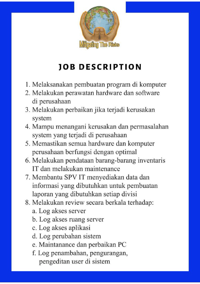 wij_corporate's tweet photo. PT WAHANA INTEGRASI JAYA

Membuka lowongan kerja :
IT SUPPORT (job spesifikasi dan deskripsi dapat di lihat di picture)

CV dan Surat lamaran dapat di kirim ke : hrd@wahana.pt dengan subject : IT-Name

Website: https://t.co/mjV9bpiu3e
Phone: 021-45840581/021-45840582 https://t.co/w5Fcwk2gRd