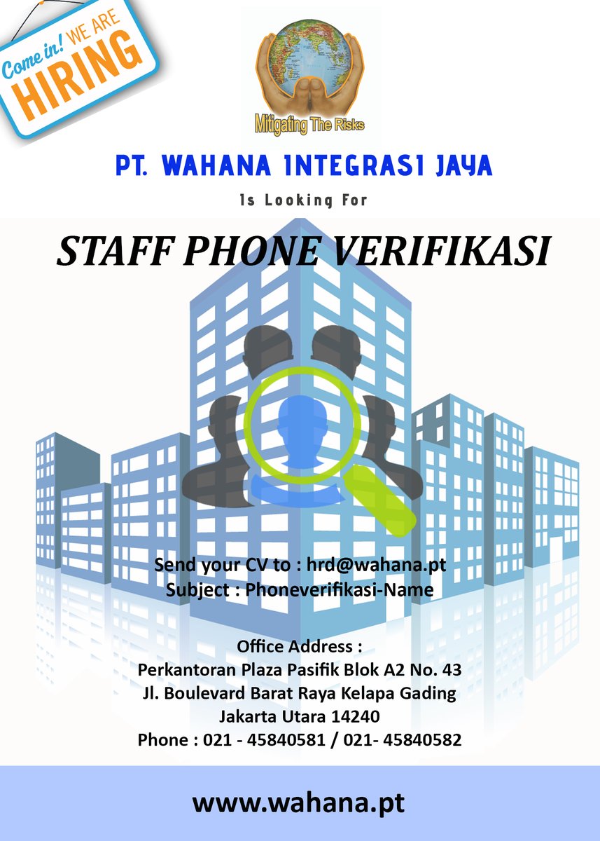 wij_corporate's tweet photo. PT WAHANA INTEGRASI JAYA

Membuka lowongan kerja :
STAFF PHONE VERIFIKASI (job spesifikasi dan deskripsi dapat di lihat di picture)

CV dan Surat lamaran dapat di kirim ke : hrd@wahana.pt dengan subject : Phoneverifikasi-Name

Website: https://t.co/mjV9bpiu3e
Phone: 021-45840581 https://t.co/qrpvYvZeiZ