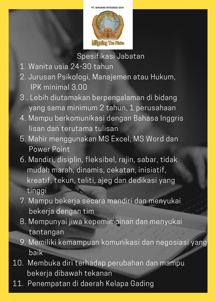 wij_corporate's tweet photo. PT WAHANA INTEGRASI JAYA

Membuka lowongan kerja :
STAFF HRD GA (job spesifikasi dan deskripsi dapat di lihat di picture)

CV dan Surat lamaran dapat di kirim ke : hrd@wahana.pt dengan subject : HRDGA-Name

Website: https://t.co/mjV9bpiu3e
Phone: 021-45840581/021-45840582 https://t.co/BxMiYT6W3F