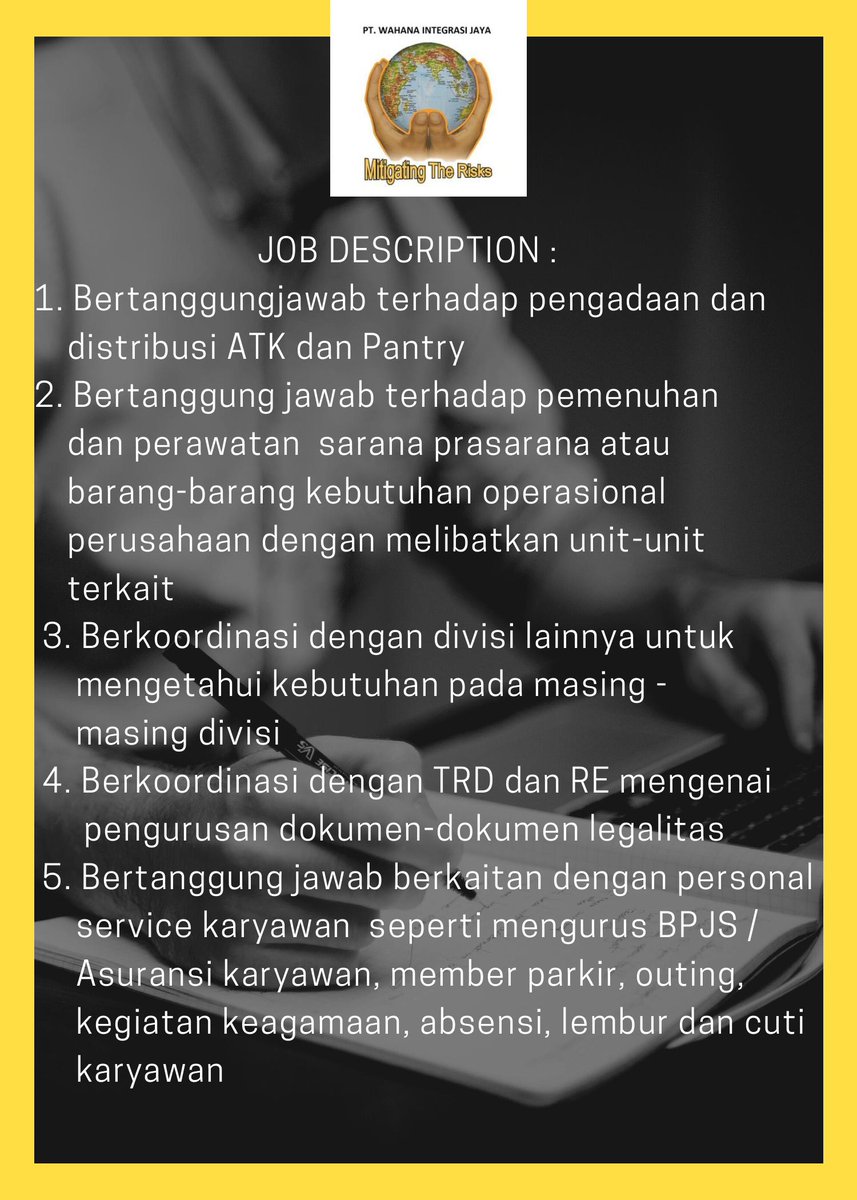 wij_corporate's tweet photo. PT WAHANA INTEGRASI JAYA

Membuka lowongan kerja :
STAFF HRD GA (job spesifikasi dan deskripsi dapat di lihat di picture)

CV dan Surat lamaran dapat di kirim ke : hrd@wahana.pt dengan subject : HRDGA-Name

Website: https://t.co/mjV9bpiu3e
Phone: 021-45840581/021-45840582 https://t.co/BxMiYT6W3F
