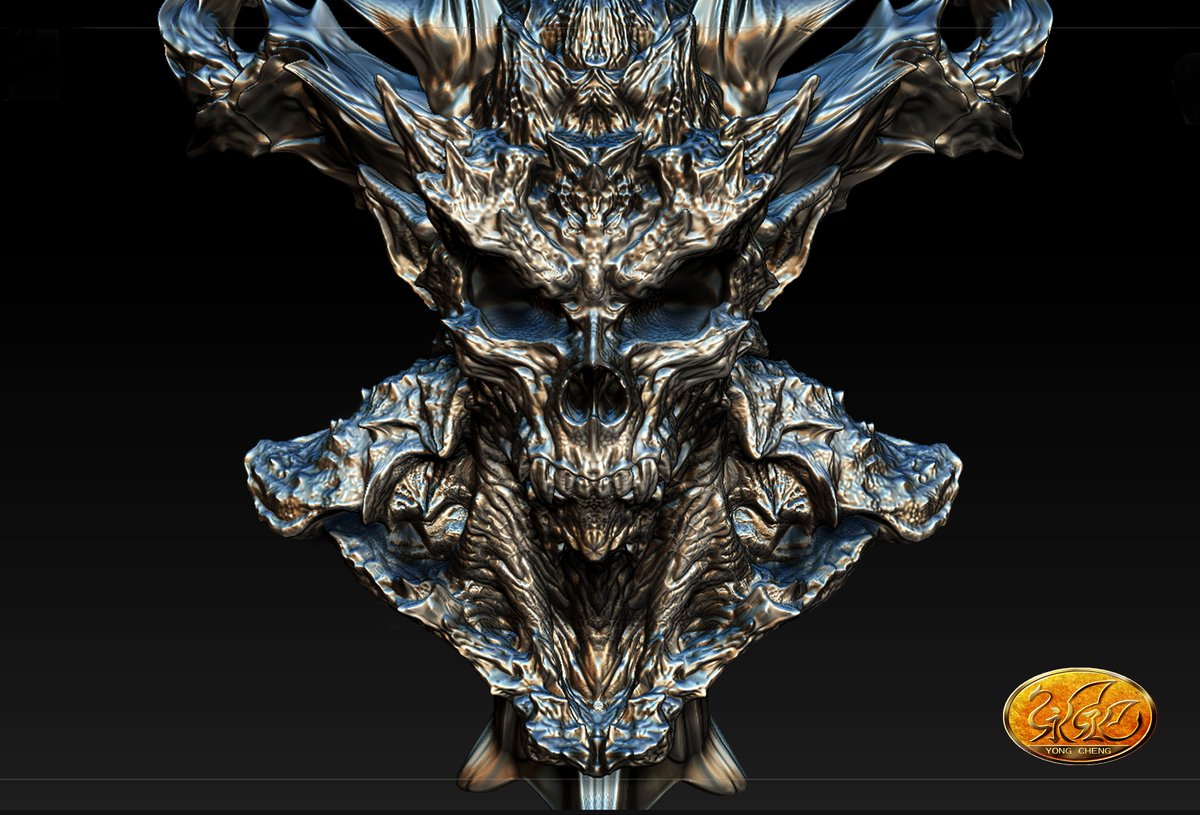 yong_cheng666's tweet image. 把細節加強了，轉成金屬效果檢查細紋很方便（可以放大看看喔!😄）
這質感也不錯看^^ 還有角角要處裡
確定會列印實體出來，我自己也很期待啊!!!
＃進度50％
#永丞的第一隻ZBRUSH作品
#zbrush