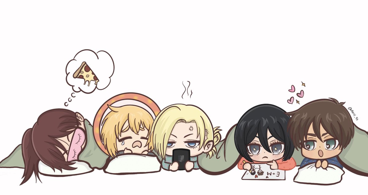 Revy_96's tweet photo. Group Sleepover went like 😅💤#eremika #aruani #sashabraus #MikasaAckerman #ErenJaeger https://t.co/WZ81UkNm6n