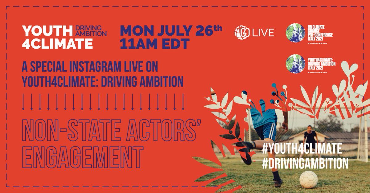 Y4Cofficial's tweet photo. Join us and hop on @Connect4Climate's Insta this Mon, July 26 at 5pm CEST for a Live 📸 on the #Youth4Climate: #DrivingAmbition theme of Non-State Actors' Engagement!👩‍💻

We will talk about driving #ClimateAction via sport ⚽️ and greening food systems 🍅 https://t.co/zOosgwUDAW