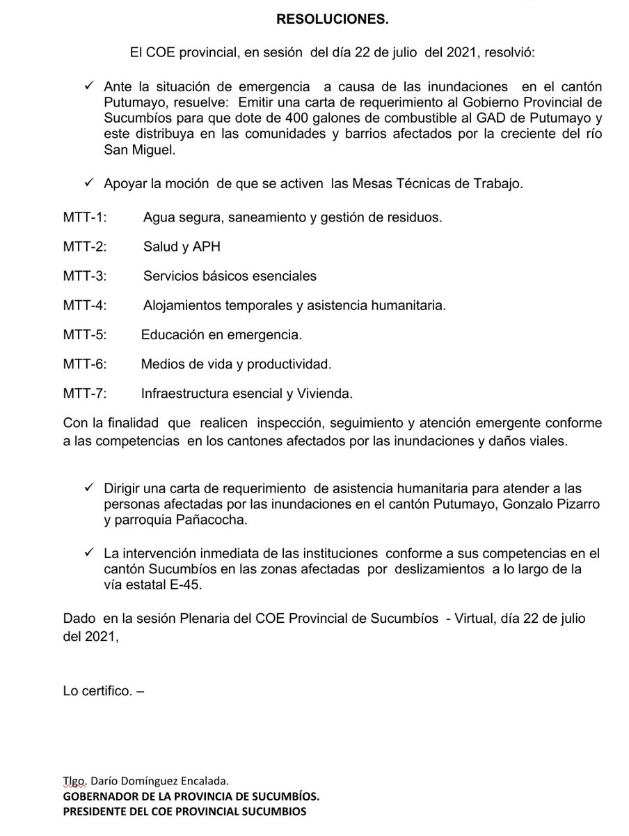 DarioDominguezE's tweet photo. Hoy lideré una nueva plenaria del #COE_Provincial a fin de dar respuesta a la emergencia que vive el cantón #Putumayo. Conoce cuáles fueron las resoluciones tomadas por el cuerpo colegiado. @LassoGuillermo #EcuadorDelEncuentro #JuntosLoLogramos https://t.co/2fZb06wH7Z