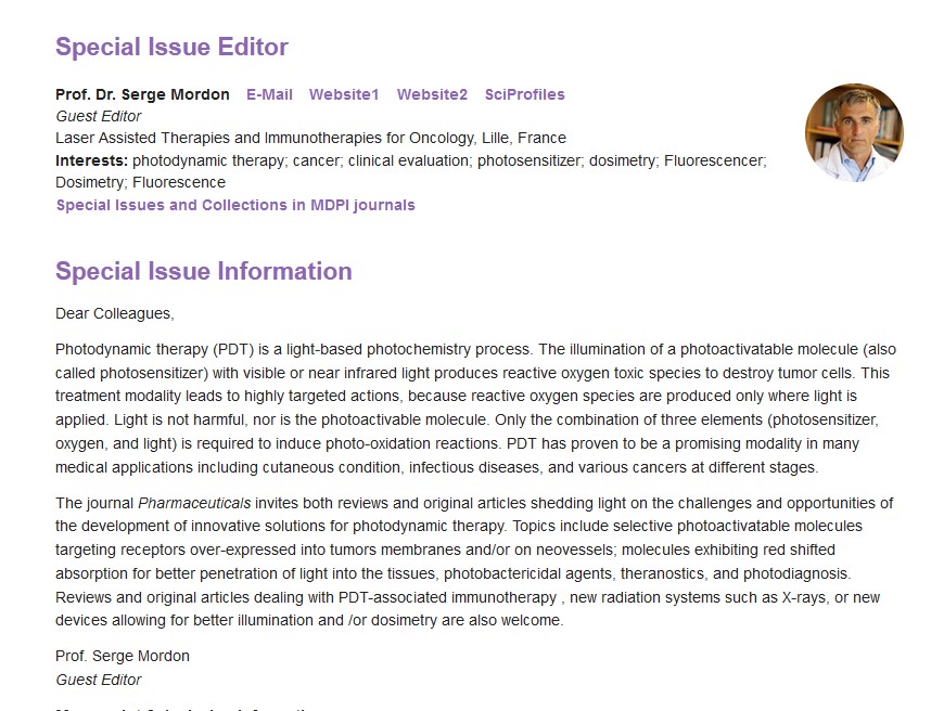 We are pleased to announce that all papers have been published in Special Issue "Photodynamic Therapy 2019“, edited by Prof. Serge Mordon.

#PhotodynamicTherapy #Photosensitizers #Photodiagnosis

👉Please find more details via:
mdpi.com/journal/pharma…