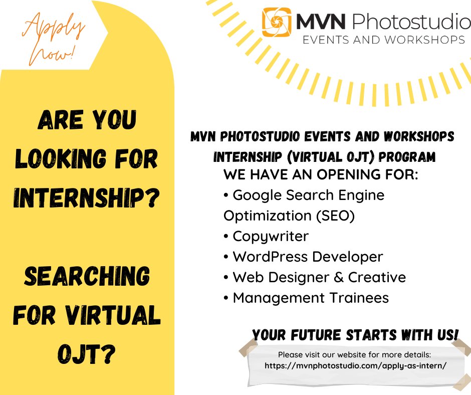 MvnChris's tweet photo. VN PhotoStudio Events and Workshops Internship (Virtual OJT) Program
Are you looking for internships?
Searching for Virtual OJT?
Apply now!
YOUR FUTURE STARTS WITH US!
Please visit our website for more details:
https://t.co/zU5S63FpPP https://t.co/LwAIBgwlLW
