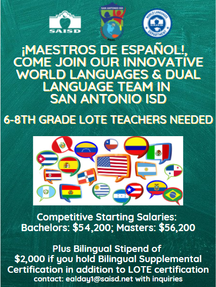 esmeraldalday's tweet photo. Spanish LOTE Teachers, traigan sus talentos a San Antonio ISD.  Apply at: https://t.co/ysjJCs89CJ https://t.co/u3imMS1UIX