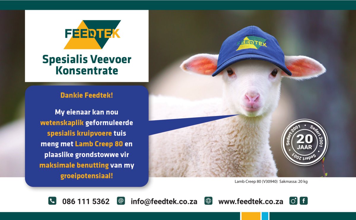 Veeplaas1's tweet photo. Met #Feedtek se Lamb Creep 80 kan kleinveeboere wetenskaplik geformuleerde spesialis kruipvoere tuis meng. Kontak jou naaste #Feedtek verteenwoordiger vir meer inligting of besoek https://t.co/fY0TRxm4t7. Jy kan ook ’n epos na info@feedtek.co.za stuur.
#AskForFeedtek https://t.co/aWS8OB1AtT
