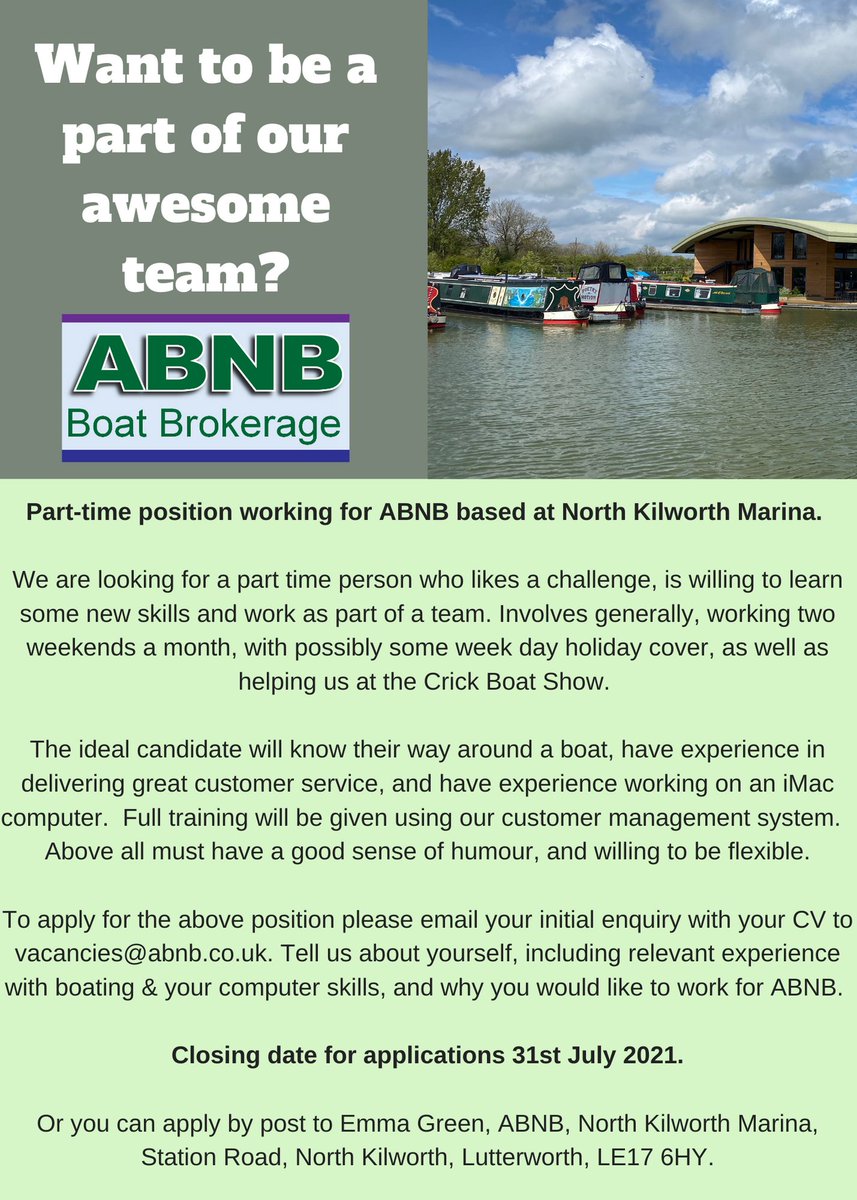 ABNBbrokerage's tweet photo. We are recruiting! Click on the photo for more details 👇
#professionalteam #friendlybunch #customerservice #boatbroker #parttime #northkilworthmarina #narrowboats #boatlife #recruiting #awesometeam https://t.co/tKJoLyqVeK