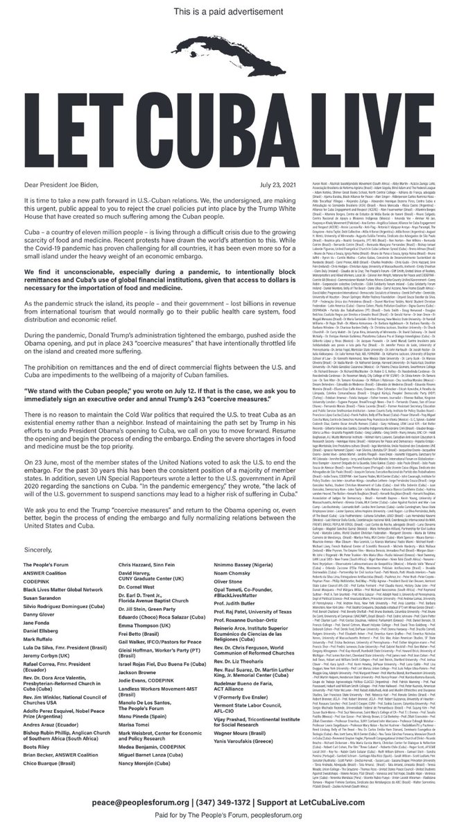 cpimspeak's tweet photo. Let Cuba Live

Letter to President of US by eminent citizens, academics, public intellectuals, well known artists from various countries including US and UK. https://t.co/gVkO9kZatA