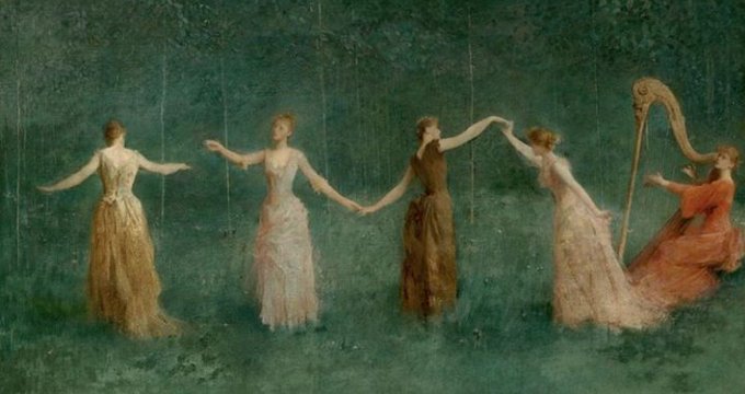 "Verano", ca. 1890 por Thomas Wilmer Dewing 
El verano muestra mujeres en vestidos de noche posadas teatralmente en la naturaleza y transmite la“ La actitud que la vida de Cornishite” debe ser una cadena de bellos momentos. #OnlineArtExchange #art #painting #artwork #twitart