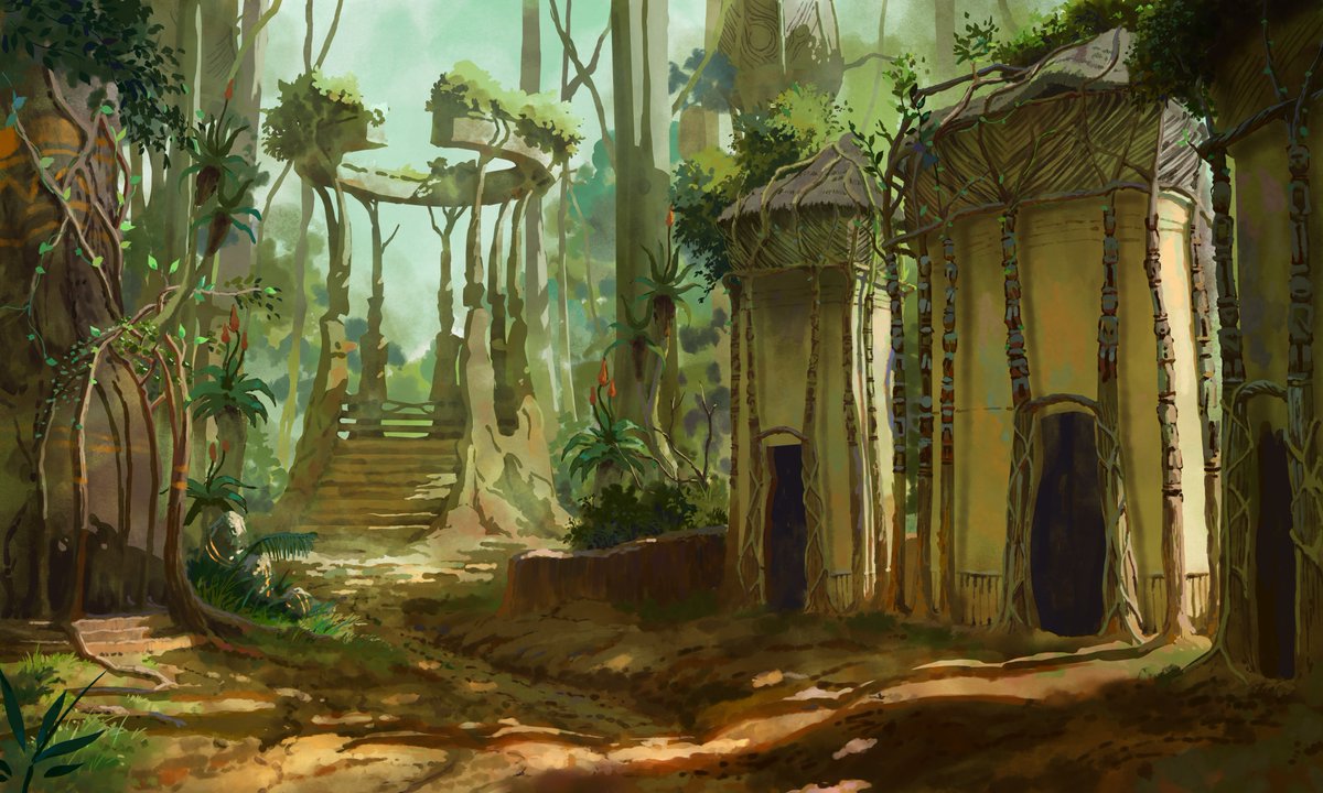 WagaduChronicle's tweet photo. 1/9 Since we have been getting questions on what an afrofantasy town looks like, here's a glimpse into a village built by members of a rainforest Emere culture of Wagadu. 🌳🎋🌴🧝🏿🧝🏿‍♂️🧝🏿‍♀️🌆✨
#Afrofantasy #architecture #MMORPG &amp; #ttrpg 
Concepts by @tyinfaowei https://t.co/FG8RFEpASN