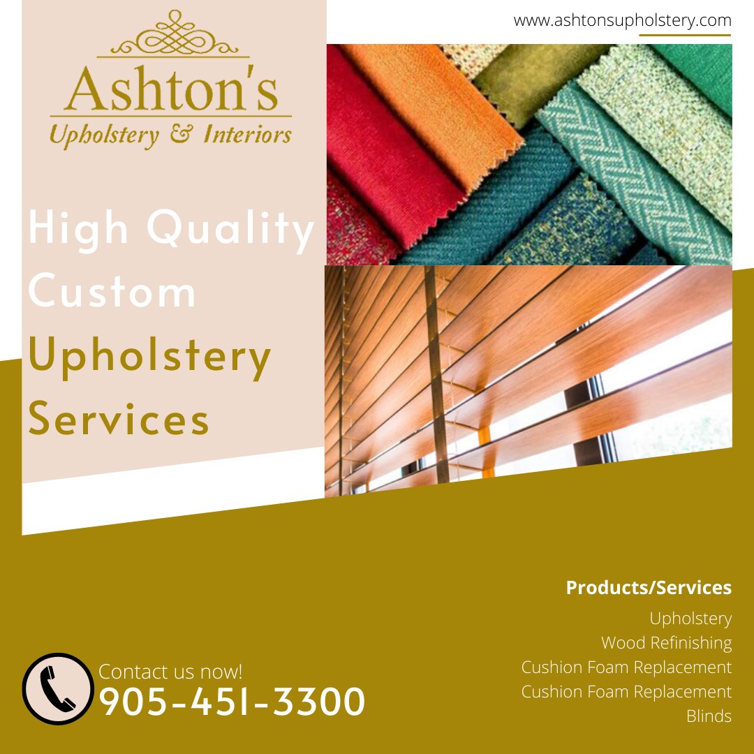 Ashtonsinterior's tweet image. Get High Quality Custom Upholstery Services.

Contact us to inquire about your specific reupholstering needs.

📞905-451-3300
📧info@ashtonsupholstery.com
✅ashtonsupholstery.com
#Upholsteryservice #Upholstery #GTA