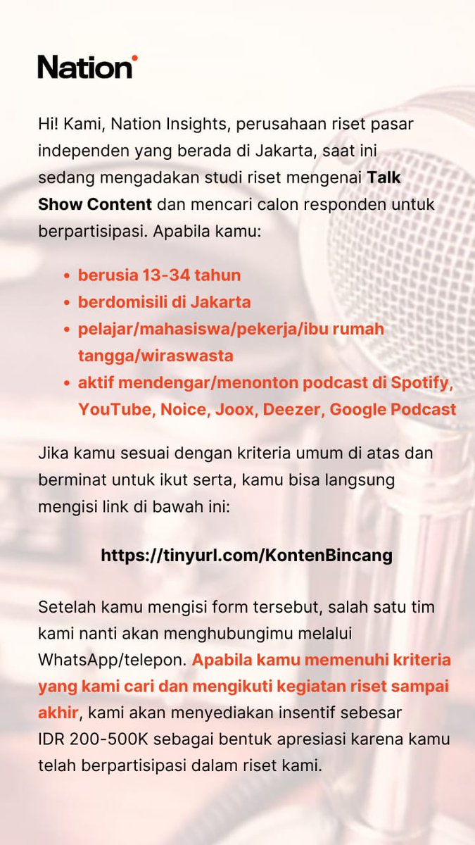 Riresstrsn's tweet photo. @txtdarigajelas Hai, saat ini kantorku lagi ngadain #penelitian mengenai podcast. Jika kalian memiliki kriteria seperti yg tercantum di flyer ini, silakan isi #kuisioner nya di:

https://t.co/3cqX3pcQdg

Untuk #responden terpilih, nantinya akan ada fee sebesar 200-500k ya!

#lokercot https://t.co/qyUnieyVlT