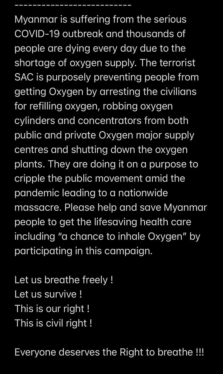 khinkyukyu's tweet photo. #RightToBreathe #stopSACrobbingO2 #LetMyanmarBreathe
#WhatsHappeninginMyanmar #COVIDHELP https://t.co/la4LTfj947