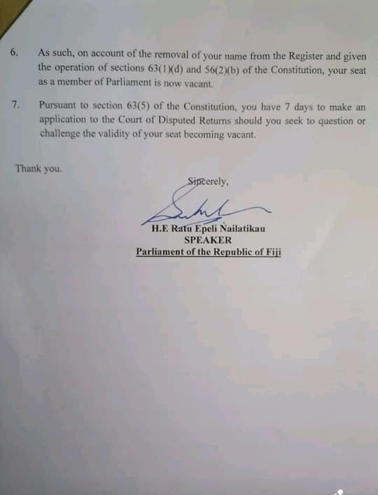 I have received the following letter from Speaker vacating my seat on account of a Notice From Supervisor of Election on the use of my name Niko Nawaikula. It means I am no longer a member of Parliament.