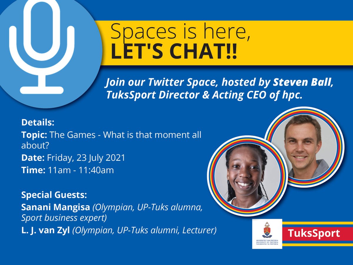 #TuksSport (@tukssport) on Twitter photo #TuksSport: 𝚂𝚙𝚊𝚌𝚎𝚜 𝚒𝚜 𝚑𝚎𝚛𝚎, 𝚕𝚎𝚝'𝚜 𝚌𝚑𝚊𝚝!!
Today, join our first Twitter Space chat, hosted by Steven Ball, TuksSport Director & Acting CEO of <a href="/hpcRSA/">hpc - hotel & sports centre</a> at 11 am.
Special Guests:
🗣️ @SananiMangisa (#TuksHockey alumna)
🗣️ <a href="/ljvanzyl/">LJ van Zyl</a> (#TuksAthletics alumni) #TuksSport: 𝚂𝚙𝚊𝚌𝚎𝚜 𝚒𝚜 𝚑𝚎𝚛𝚎, 𝚕𝚎𝚝'𝚜 𝚌𝚑𝚊𝚝!!
Today, join our first Twitter Space chat, hosted by Steven Ball, TuksSport Director & Acting CEO of <a href="/hpcRSA/">hpc - hotel & sports centre</a> at 11 am.
Special Guests:
🗣️ @SananiMangisa (#TuksHockey alumna)
🗣️ <a href="/ljvanzyl/">LJ van Zyl</a> (#TuksAthletics alumni)