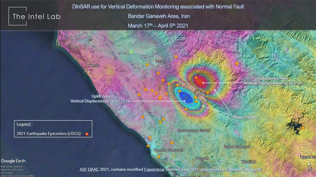 TheIntelLab's tweet image. The use of #SAR images to monitor Normal or Man-induced Coseismic Vertical Deformations. Latest case in Bandar Ganaveh Area #Iran between March 17th and April 5th, 2021. Monitoring areas prone to ground displacement is key to assess Infrastructures Integrity. #TheIntelLab