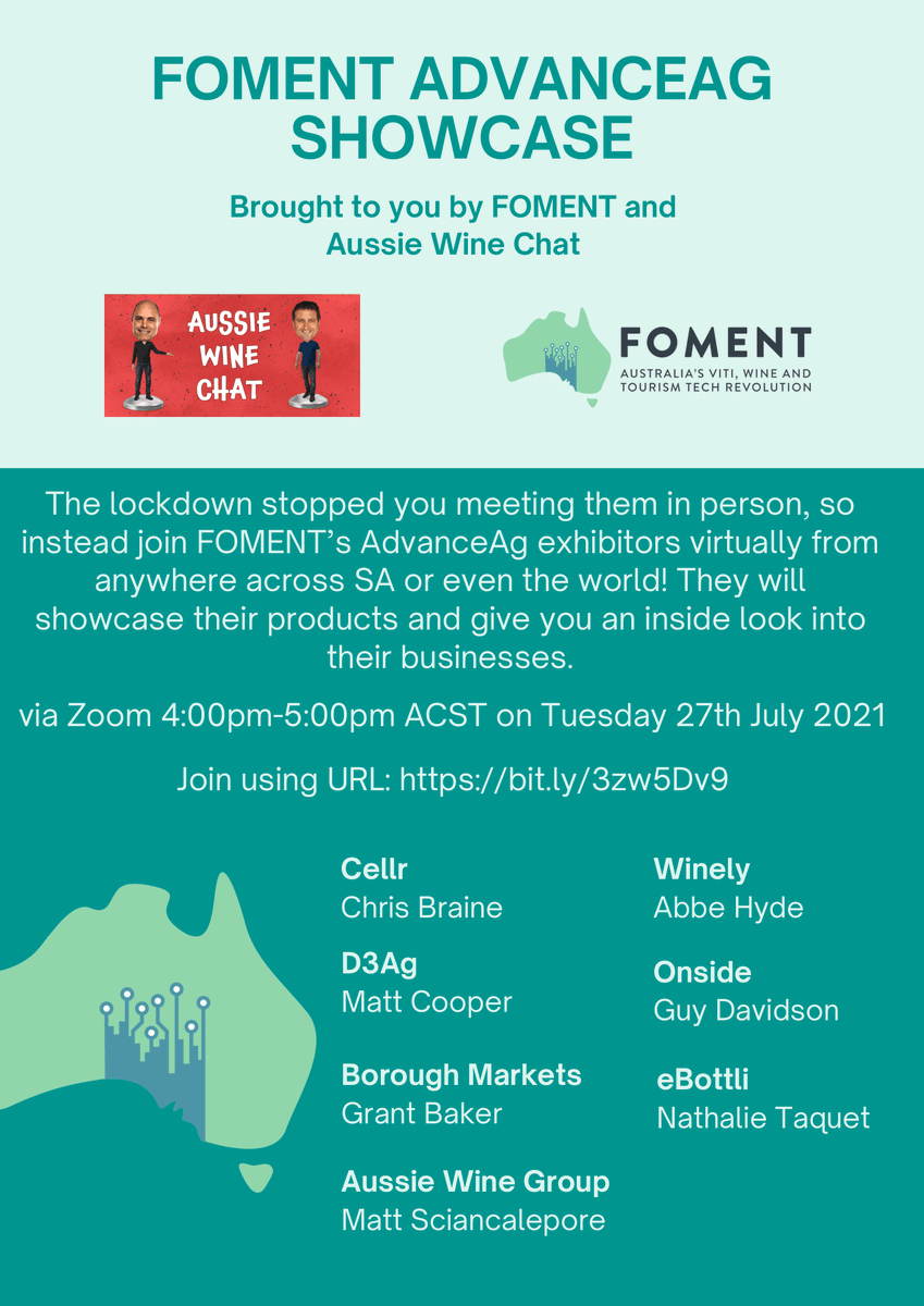 fomentaus's tweet photo. They were going to be joining us at PIRSA's #AdvanceAg conference today but alas, COVID strikes again!
But that doesn't mean you can't still meet the faces behind some of Australia's most exciting #vititech and #winetech start-ups

Join us online 4pm next Tuesday 27 July (ACST) https://t.co/Ud0GhjXOvk