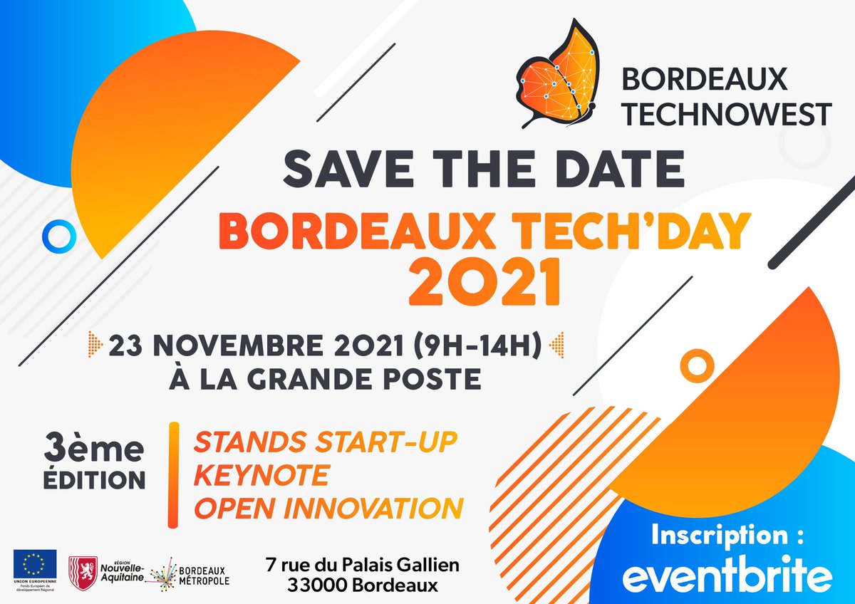 🙌 #SaveTheDate 🙌
 
#BordeauxTechday, le rendez-vous incontournable de l’écosystème #tech de la technopole, revient en 2021 !

🤝 Réseautage, pitchs, conférences 
📆 23 novembre 9h - 14h
📍 La Grande Poste • Bordeaux

🔗 Ouverture des inscriptions dès septembre !