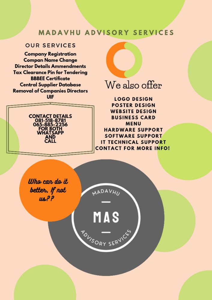 mpho_jacqueline's tweet photo. Ad# Madavhu Advisory Services specializes in.

1. Company Registration 
2. IT Support
3. Design

#Elitesmarketday
#Isell
#ElitesBusinessWorld
Erica Nlewedim 
 Contact us on 081 518 8781/065 885 2256 App/Call.
 https://t.co/QujAwqZYHw