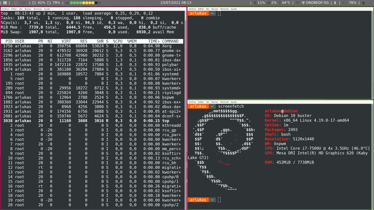 arlukas's tweet photo. Contribuyendo al #ViernesDeEscritorio con @debian #Buster, #bspwm y #polybar. @podcastlinux #GNULinux https://t.co/60d5Of6T7P