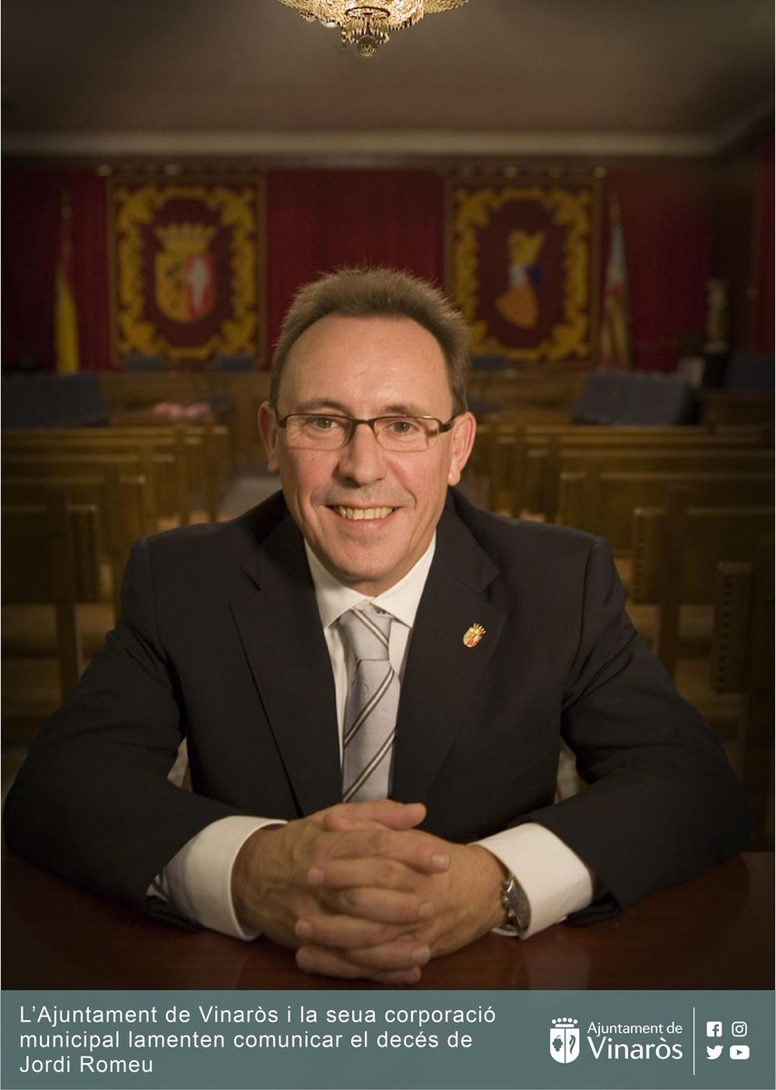 🖤 L’Ajuntament i la seua corporació municipal lamenten 
el decés de Jordi Romeu, exalcalde de l'Ajuntament durant els anys 2007 al 2011 i regidor des del 1999 fins al 2015 en representació del PSPV-PSOE.

🏴 S'ha decretat el dol oficial durant 3 dies

Descanse en pau 🙏.