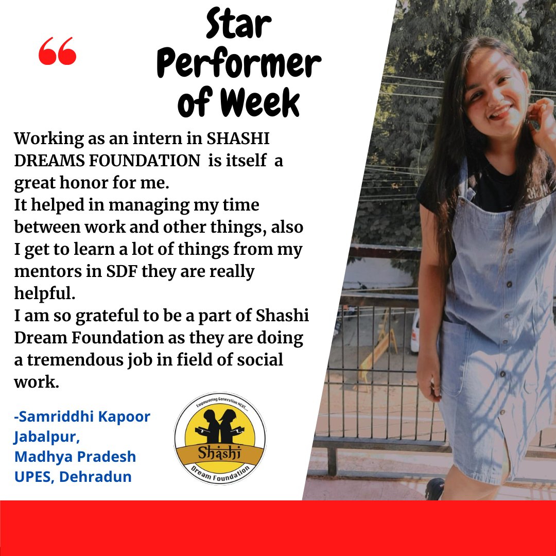 shashi_dream's tweet photo. We are glad to announce Miss Samriddhi Kapoor as our Star Performer π and congratulate π her on her phenomenal performance. π«
#Shashi_Dream_Foundation wishes her all the very best π
#StarPerformer #workfromhome #virtuallearning #virtualinternship #VirtualIntern https://t.co/s7G09GjYnx