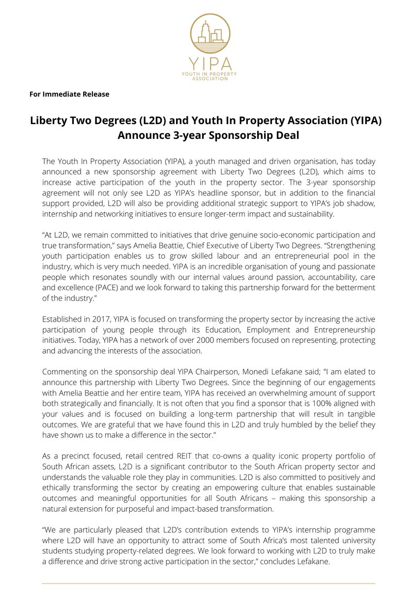 yipa_sa's tweet photo. PRESS RELEASE | @liberty2degrees (L2D) and YIPA Announce 3-year Sponsorship Deal.
#entrepreneurship #libertytwodegrees #propertyindustry #propertynews #transformation #yipa https://t.co/B988HqGrve