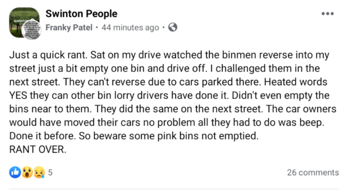 nivelan's tweet image. When car entitlement takes over, have a go at binmen for not beeping so people who have moved bins can also move cars. SMH 😡