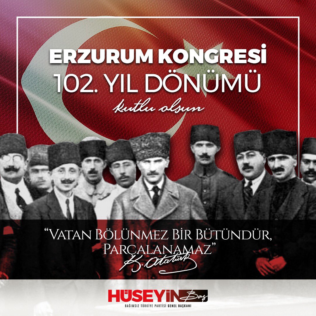 Milli Mücadele’nin mihenk taşlarından #ErzurumKongresi'nin 102. yıl dönümünü kutluyor, başta Gazi Mustafa Kemal Atatürk olmak üzere Bağımsız Türkiye, uğruna canlarını feda eden şehitlerimizi saygı, minnet ve rahmetle anıyorum.