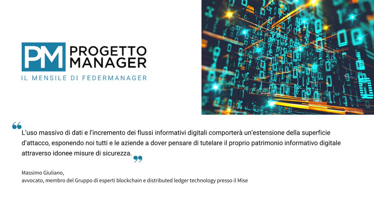 Federmanager's tweet photo. #5G, #IoT, #bandalarga. L'evoluzione tecnologica deve essere accompagnata da presidi giuridici che tutelino le nostre libertà. Su #ProgettoManager l'intervista di @AntonioSoriero all'avv. @massimo_giu. Leggi qui➡️https://t.co/iNj364g3h2 https://t.co/pBOTRlB8d3