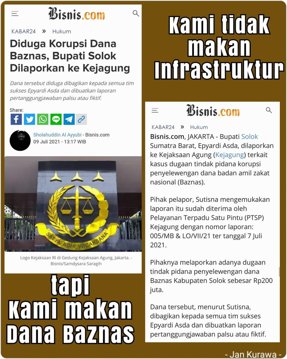 KerjaHasil_id's tweet photo. Dulu: Kami tidak makan infrastruktur
#MenolakLupa 

Sekarang: Kami Makan Dana Baznas 

Bupati Solok Sumatra Barat, Epyardi Asda, dilaporkan ke Kejaksaan Agung (Kejagung) terkait kasus dugaan tindak pidana korupsi penyelewengan dana badan amil zakat nasional (Baznas). https://t.co/FUP15Idyzl