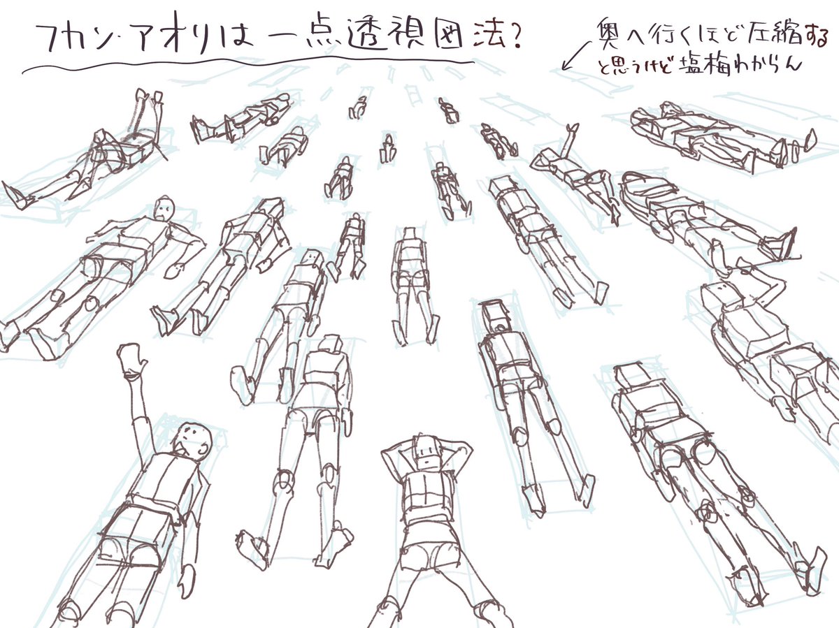 本日はアオリに着手
hideさんが「寝てる人は立ってる人のアオリ・俯瞰」とおっしゃっていたので…寝ポーズ描けるようになりたいし!
https://t.co/LpzuzJDFKr

アオリ俯瞰は一点透視図法って考えれば良いのかな〜

#日々描く 