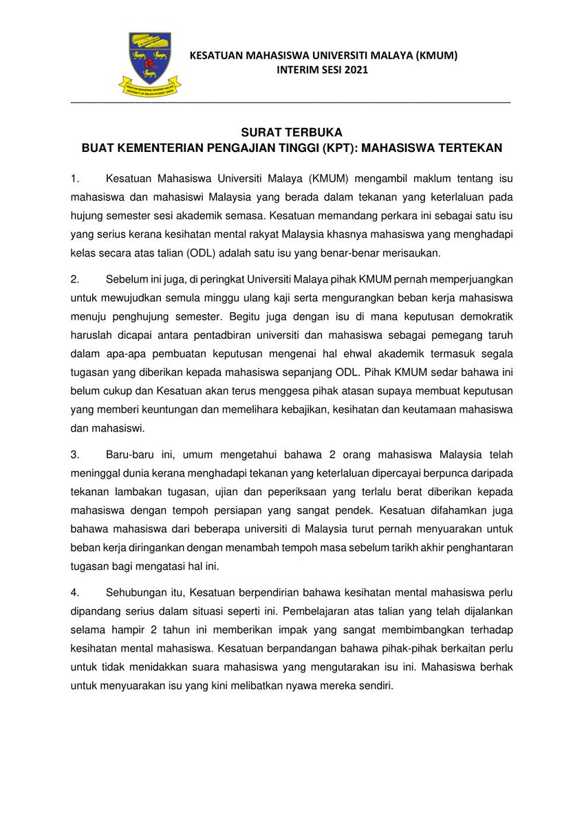 kmum1905's tweet image. Surat terbuka daripada KMUM buat Kementerian Pengajian Tinggi (KPT) berkenaan isu mahasiswa di IPT seluruh Malaysia yang sedang tertekan.

@MOHEOfficial 
@DrNorainiAhmad 

#BerkhidmatDemiMahasiswa
#KMUMInterim2021