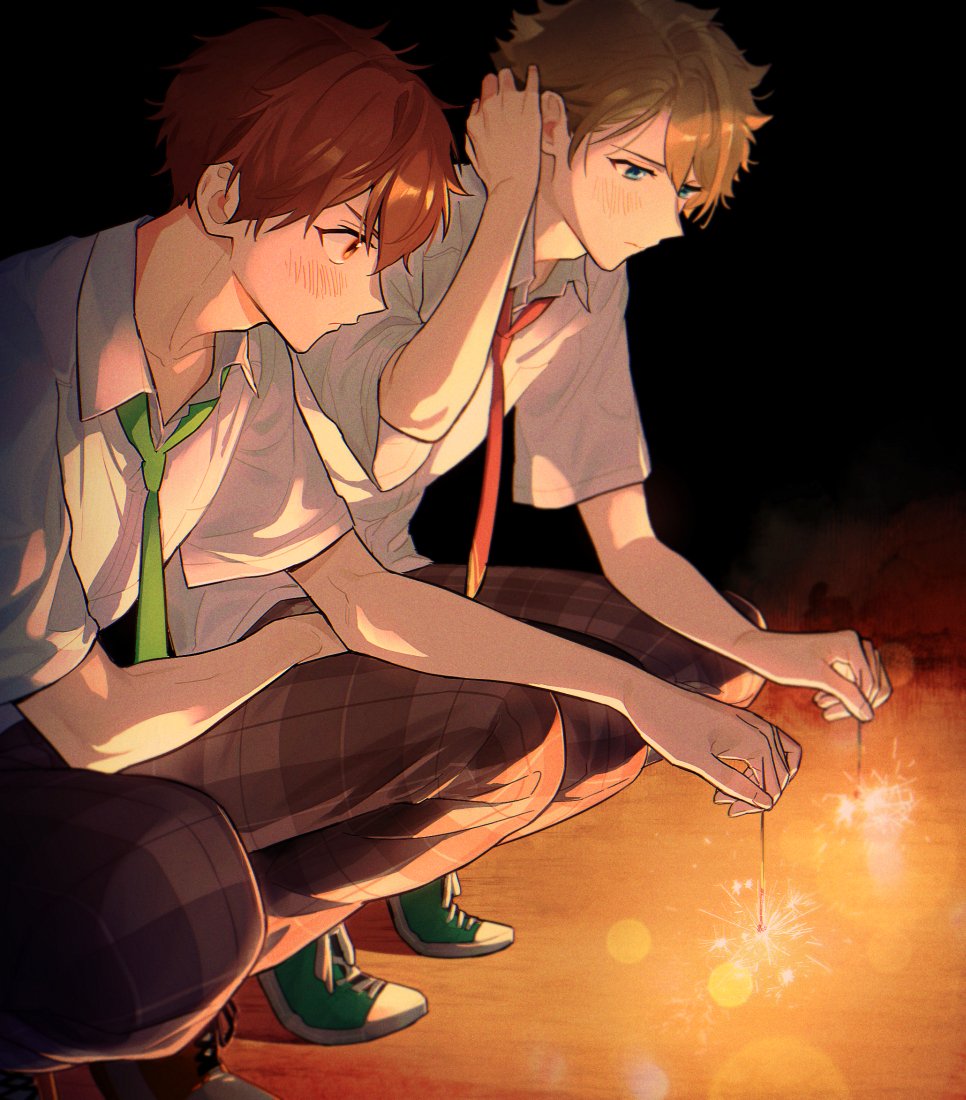 2boys multiple boys squatting necktie fireworks male focus sparkler  illustration images