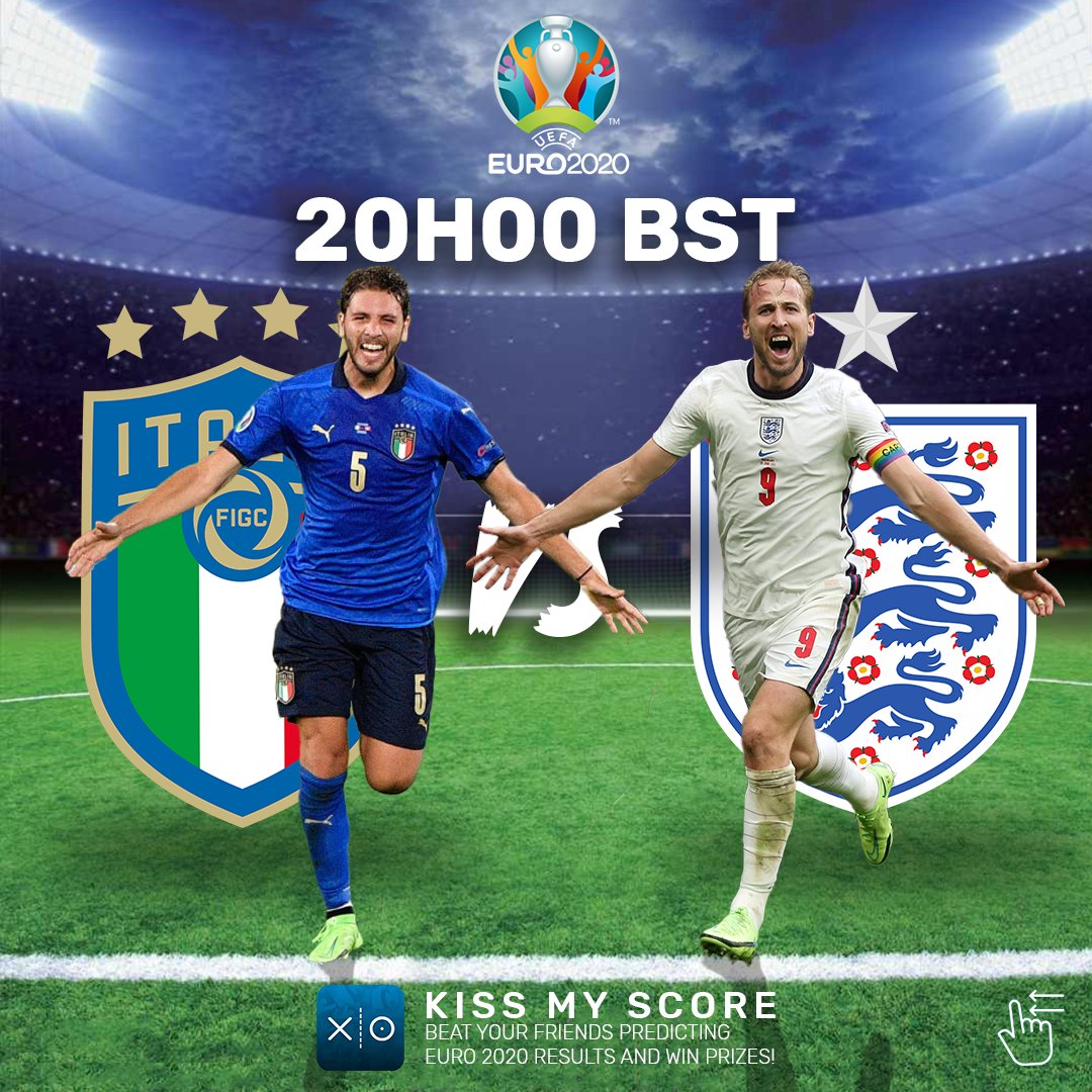 KissMyScore's tweet photo. #Euro2020 final, #ITAENG, is on today at 20:00 BST!! ⏰
 
Is football coming home? Or will #Italy spoil #England party at #EuroFinal? 🤔💬 https://t.co/VWYkgMb0nS