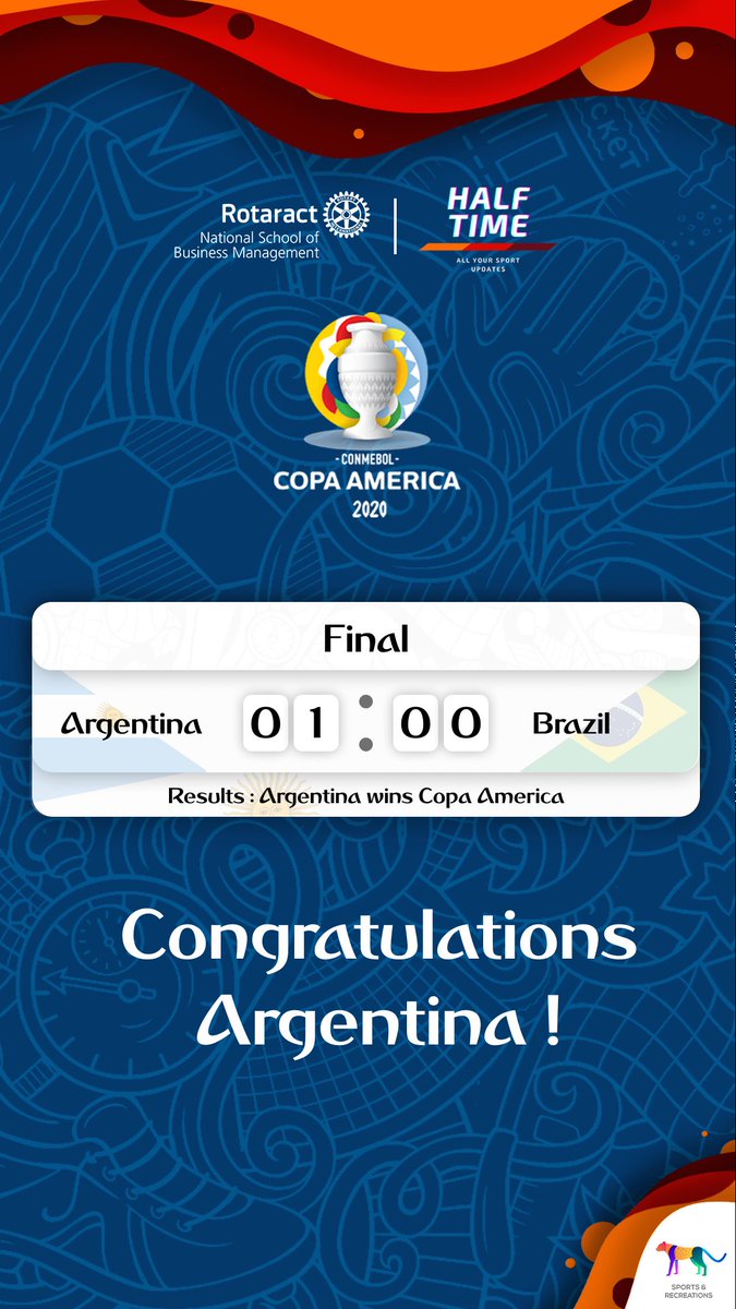 RotaractNSBM's tweet photo. Copa America
Final Results
๐ฆ๐ทArgentina - 1
โฝ๏ธ A. Di Marรญa
๐ง๐ท Brazil - 0
Argentina ๐ฆ๐ท wins the finals
#CopaAmericaFINAL
#ArgentinavsBrasil
#Argentina
#MessiCampeon
#Neymar
#football
#Rotaract
#Rotaract3220
#StriveAsOne
#RACNSBM https://t.co/Z6HtNIYoxA