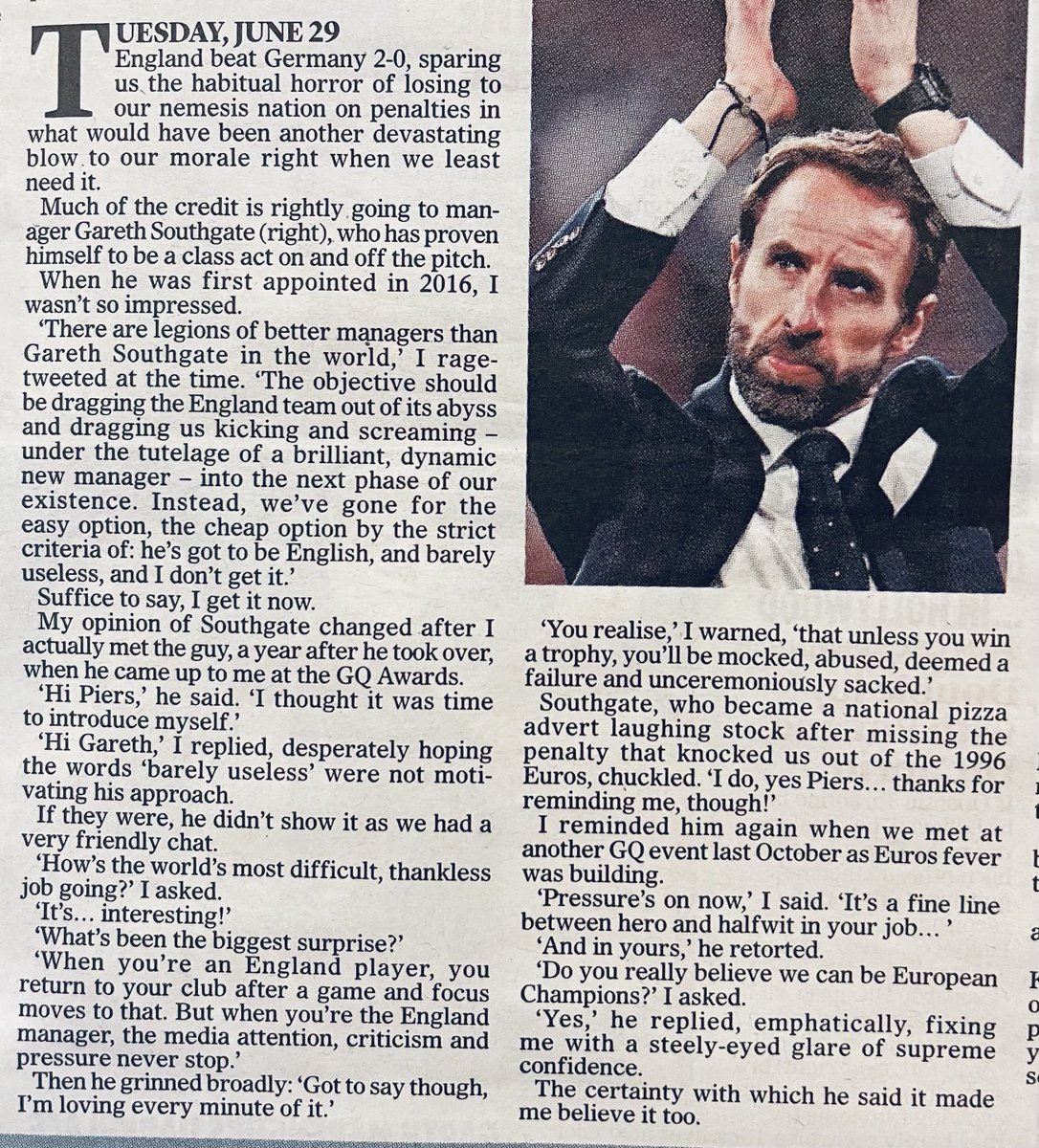 piersmorgan's tweet photo. It’s fair to say Gareth Southgate’s proven me wrong…. My Mail on Sunday diary tribute to the man who made me eat my words. 👇👇 https://t.co/WjdNL5UaSi
